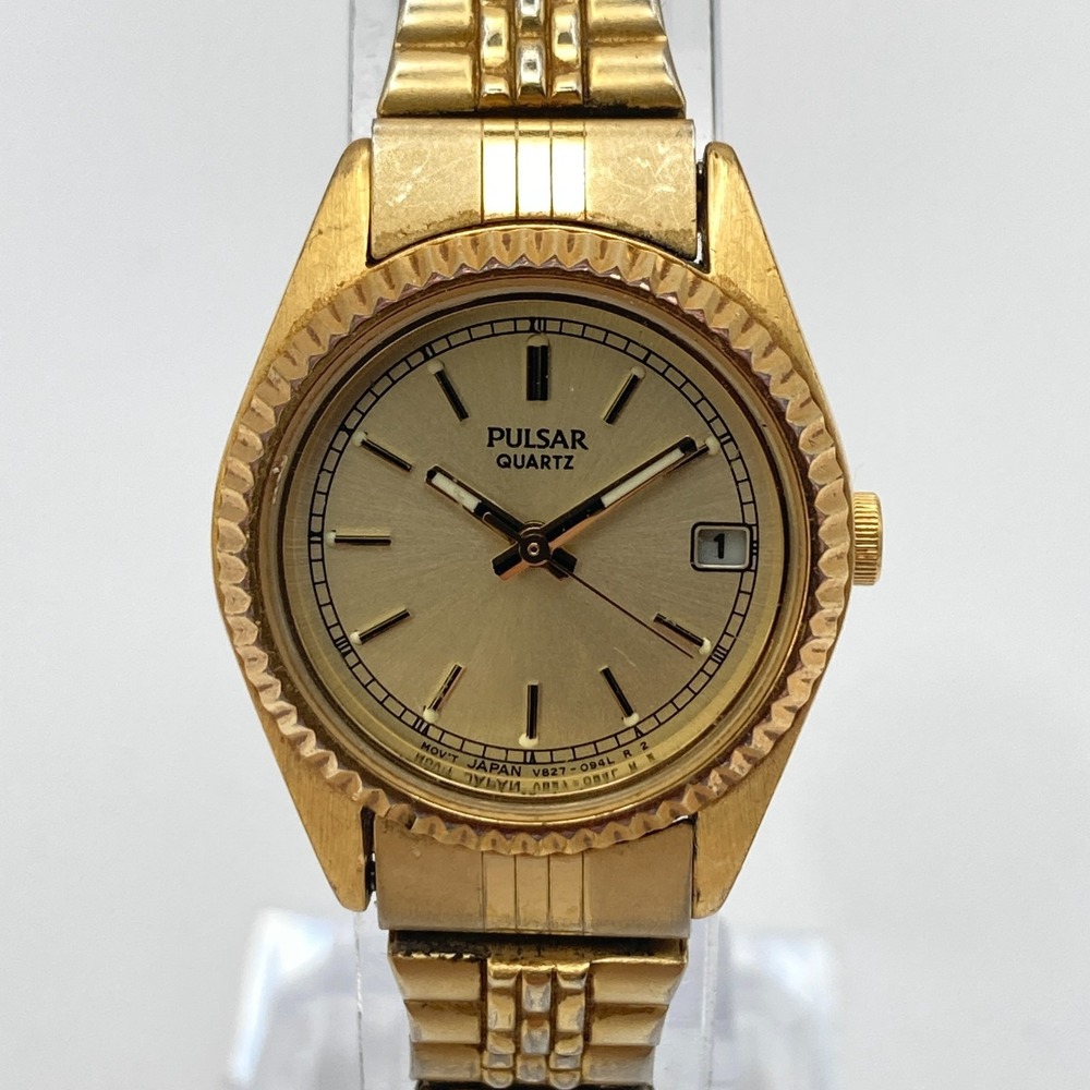 Vtg Pulsar Women's Watch 24mm Gold Tone Date V827-0440 Stretch New Battery SMALL